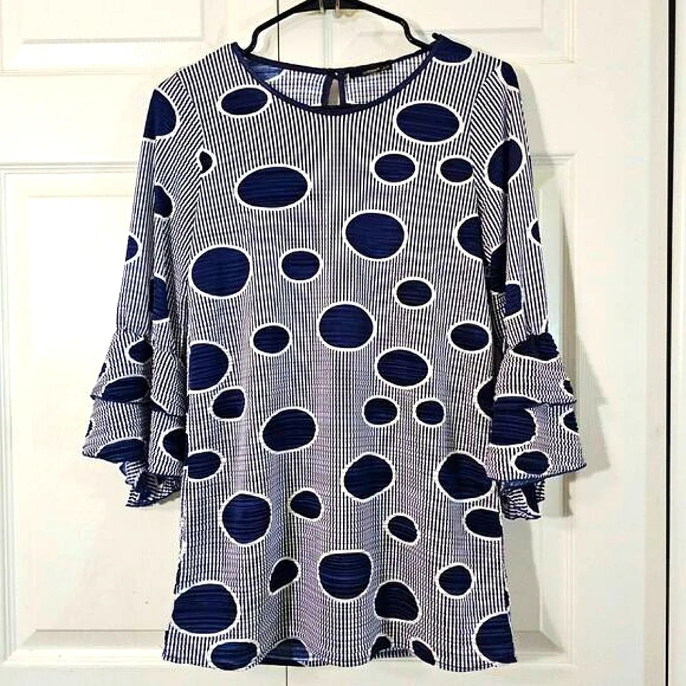 Renuar Blue/White‎ Polka Dot Ruffle Sleeve Tunic, XS